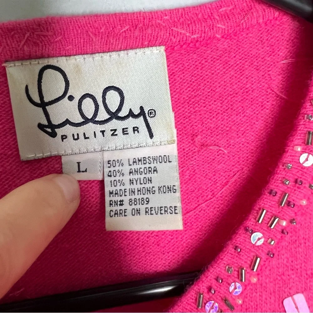 RARE Vintage Lilly Pulitzer Pink Lambswool‎ Beaded Cardigan C9